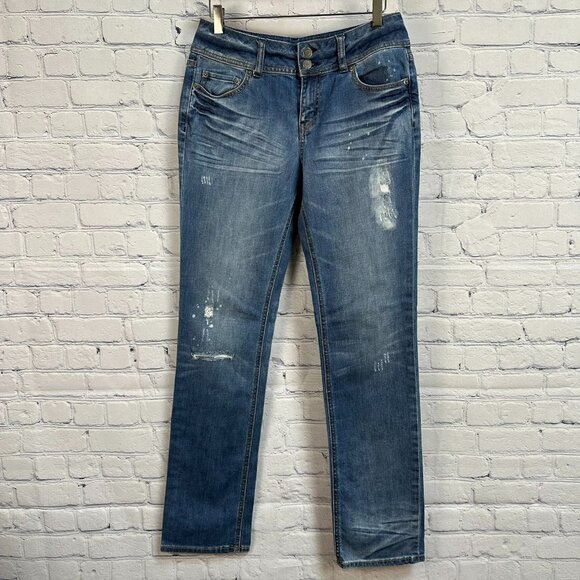 London Jean Women's Mid Rise Distressed Straight Leg Jeans,‎ Size 8, Medium Wash - Picture 1 of 9